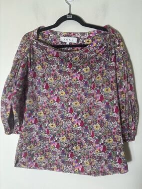 Buru Multicolor Floral Wide Neck Long Sleeve Cotton Shirt Sz S